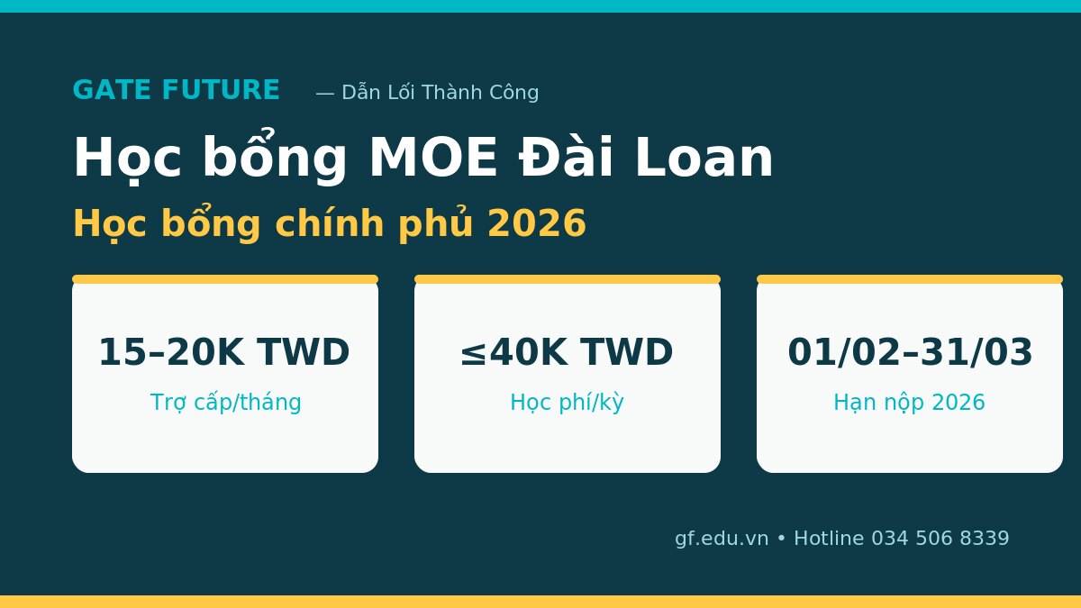 Học bổng MOE Đài Loan 2026 - học bổng chính phủ: trợ cấp, miễn học phí, hạn nộp