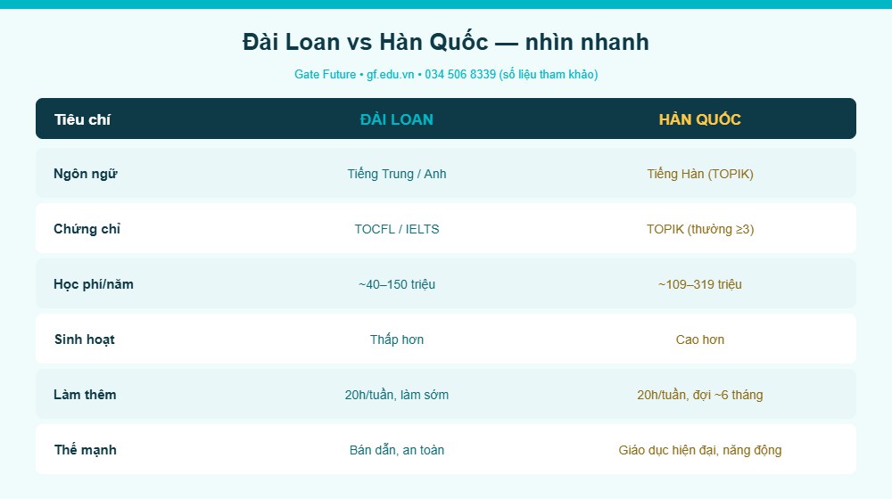 Bảng so sánh du học Đài Loan và Hàn Quốc