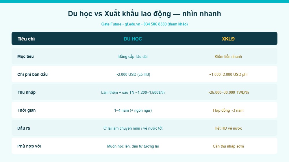 Bảng so sánh du học và xuất khẩu lao động Đài Loan