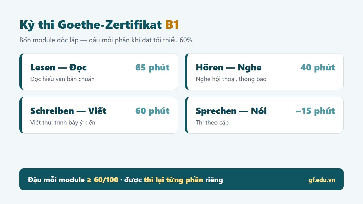 Cấu trúc kỳ thi Goethe-Zertifikat B1 gồm bốn module Đọc Nghe Viết Nói, đậu mỗi phần khi đạt tối thiểu 60 phần trăm