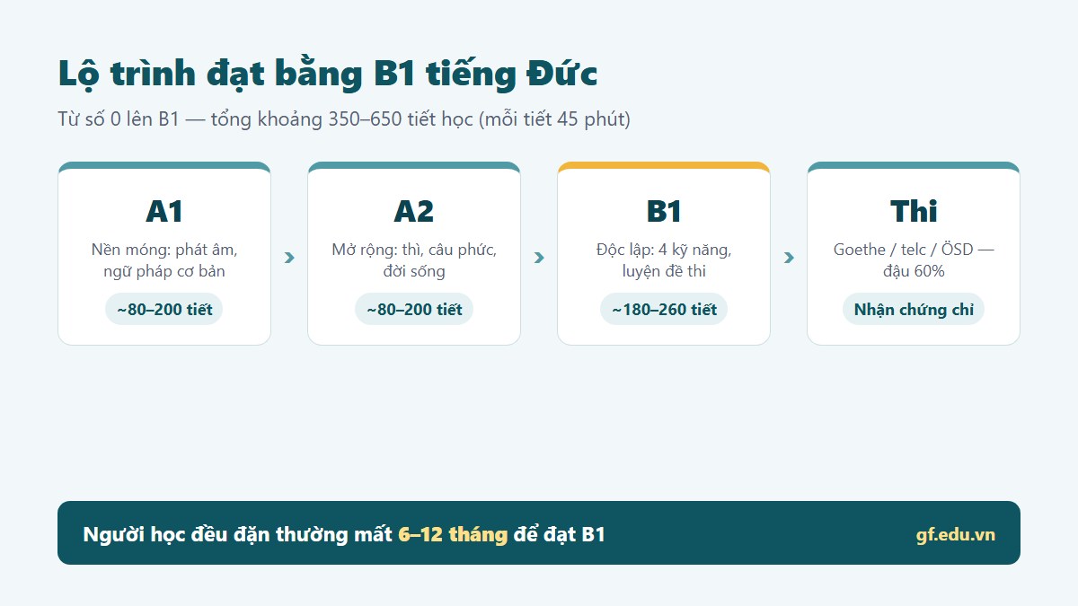 Lộ trình đạt bằng B1 tiếng Đức từ A1 qua A2 lên B1, tổng khoảng 350 đến 650 tiết học theo Goethe-Institut
