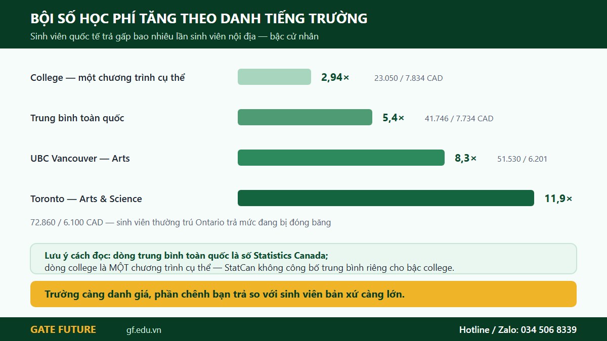Bội số học phí sinh viên quốc tế so với nội địa tăng dần theo danh tiếng trường Canada