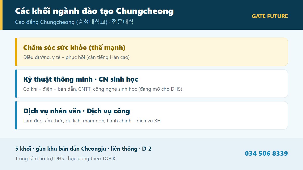 gf chungcheong 02 nganh Các khối ngành đào tạo Cao đẳng Chungcheong - Chăm sóc sức khỏe điều dưỡng Công nghệ sinh học thông minh Kỹ thuật thông minh CNTT Dịch vụ nhân văn Dịch vụ công - Gate Future