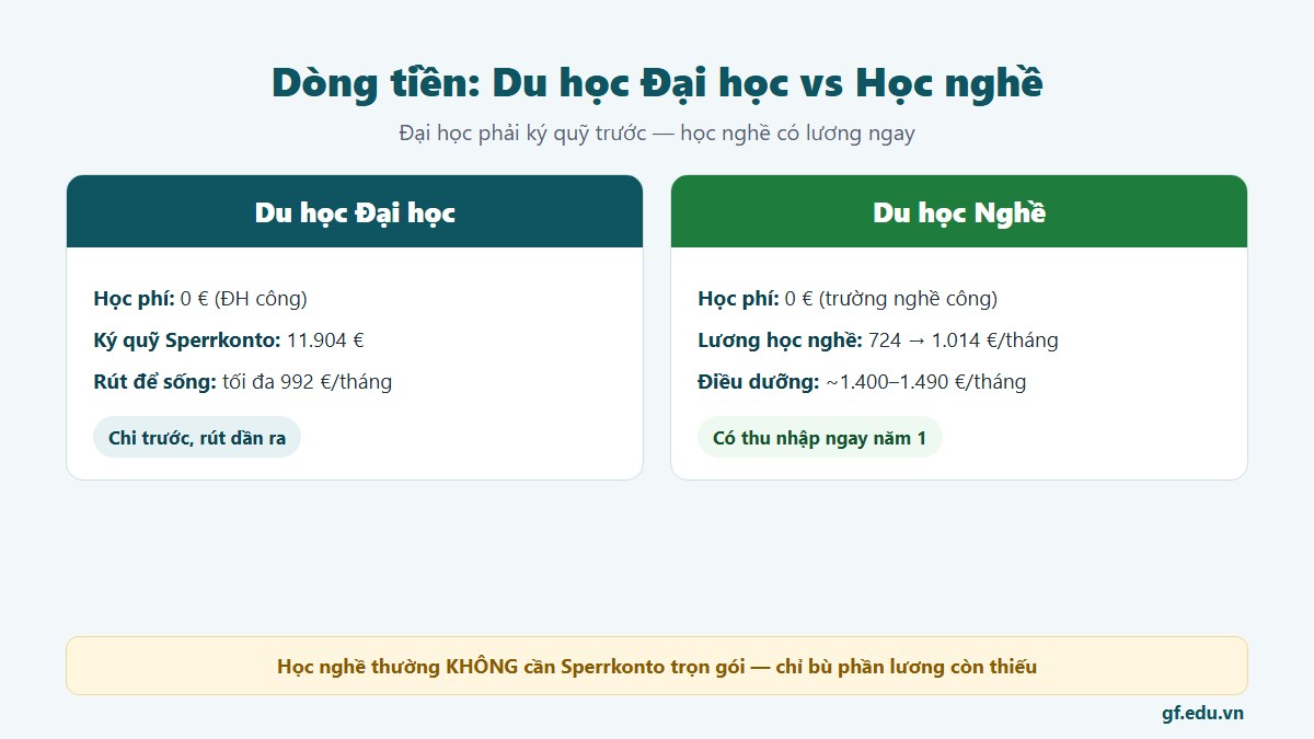 So sánh dòng tiền du học đại học phải ký quỹ Sperrkonto và du học nghề có lương học nghề từ 724 đến 1.014 euro mỗi tháng