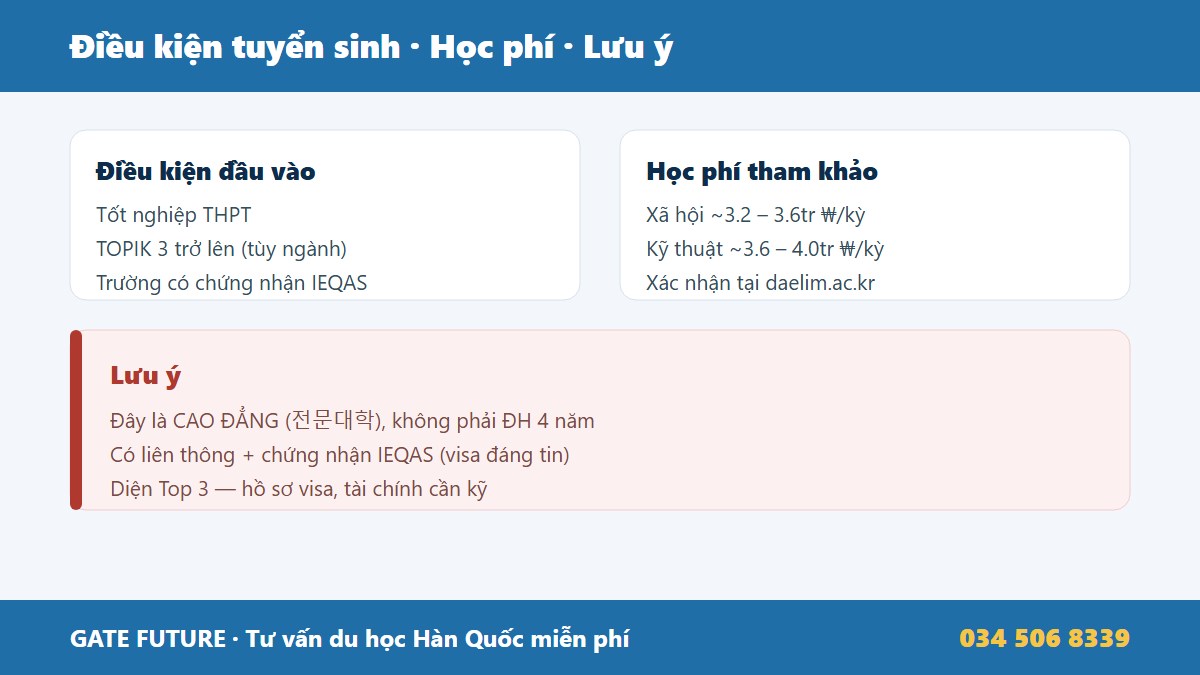 Điều kiện tuyển sinh học phí và lưu ý hệ cao đẳng liên thông chứng nhận IEQAS diện Top 3 Cao đẳng Daelim Anyang Gyeonggi 2026 - Gate Future
