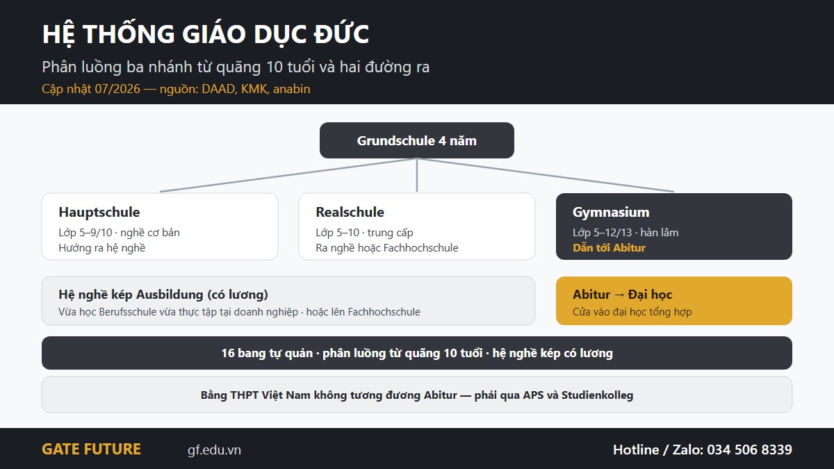 gf de hethong 01 bac hoc Thang giáo dục Đức phân luồng ba nhánh Hauptschule Realschule Gymnasium từ sau tiểu học