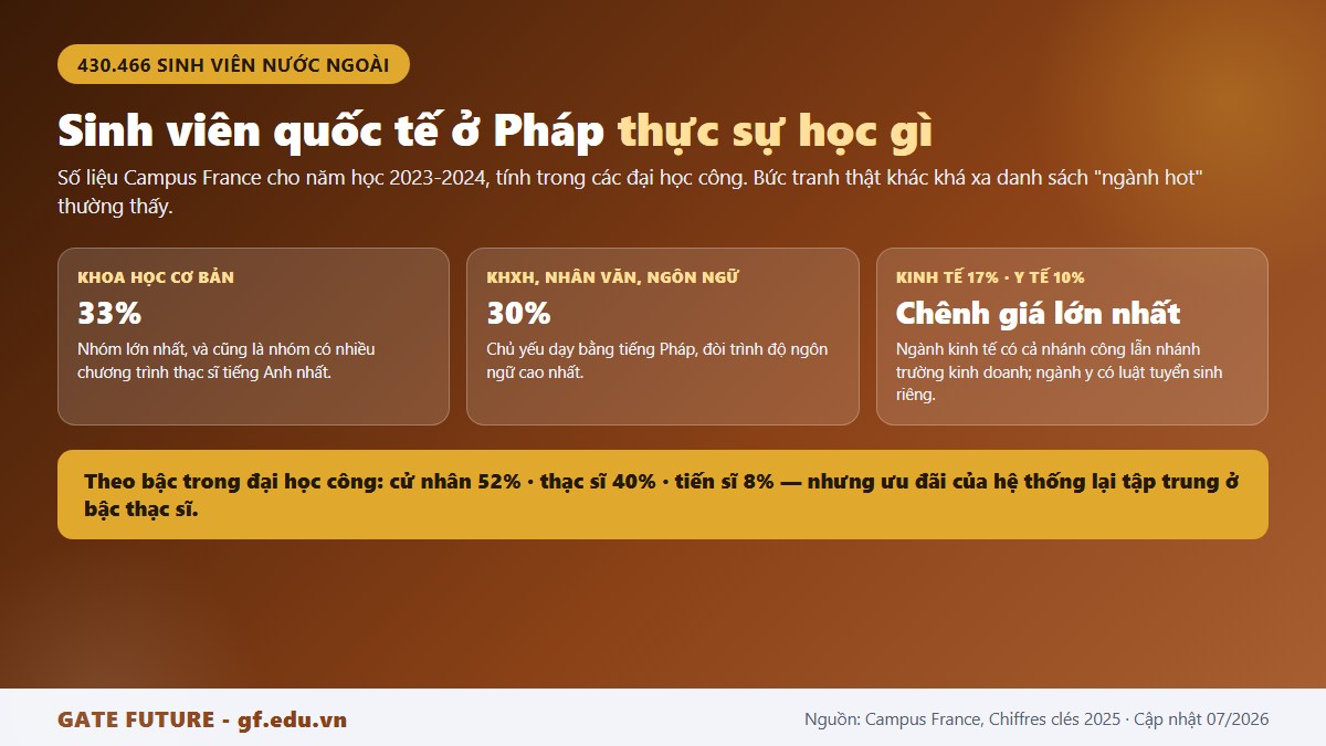 Phân bổ sinh viên quốc tế tại các đại học công Pháp theo nhóm ngành và theo bậc học