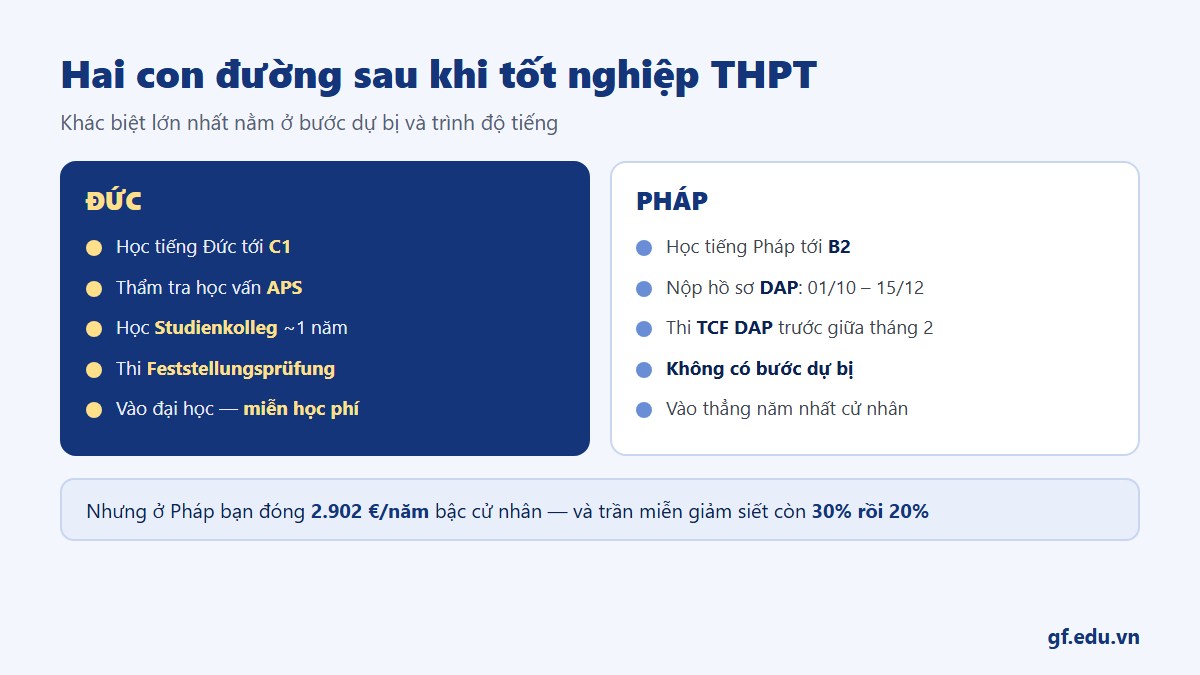 Hai con đường sau trung học phổ thông: Đức qua APS và Studienkolleg với tiếng C1, Pháp nộp thẳng năm nhất cử nhân qua thủ tục DAP với tiếng B2