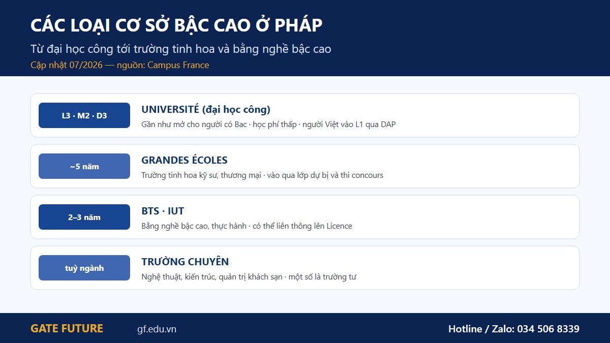 Các loại cơ sở bậc cao ở Pháp gồm université, Grandes Écoles, BTS IUT và trường chuyên