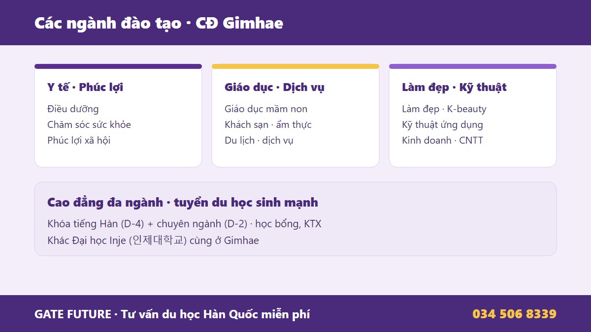 Các ngành đào tạo Cao đẳng Gimhae y tế chăm sóc điều dưỡng phúc lợi xã hội giáo dục mầm non khách sạn ẩm thực làm đẹp K-beauty dịch vụ kỹ thuật Gyeongnam Hàn Quốc - Gate Future