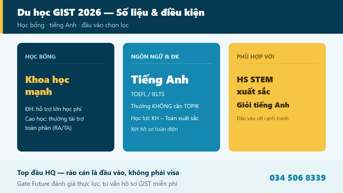 gf gist 03 thongtin Điều kiện tuyển sinh học bổng tiếng Anh TOEFL IELTS GIST 2026 đại học sau đại học Gwangju du học sinh visa D-2 khoa học công nghệ nghiên cứu - Gate Future