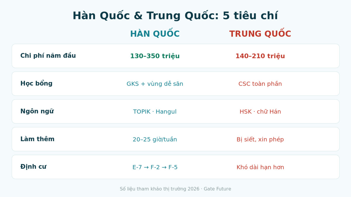 Bảng 5 tiêu chí so sánh du học Hàn Quốc và Trung Quốc