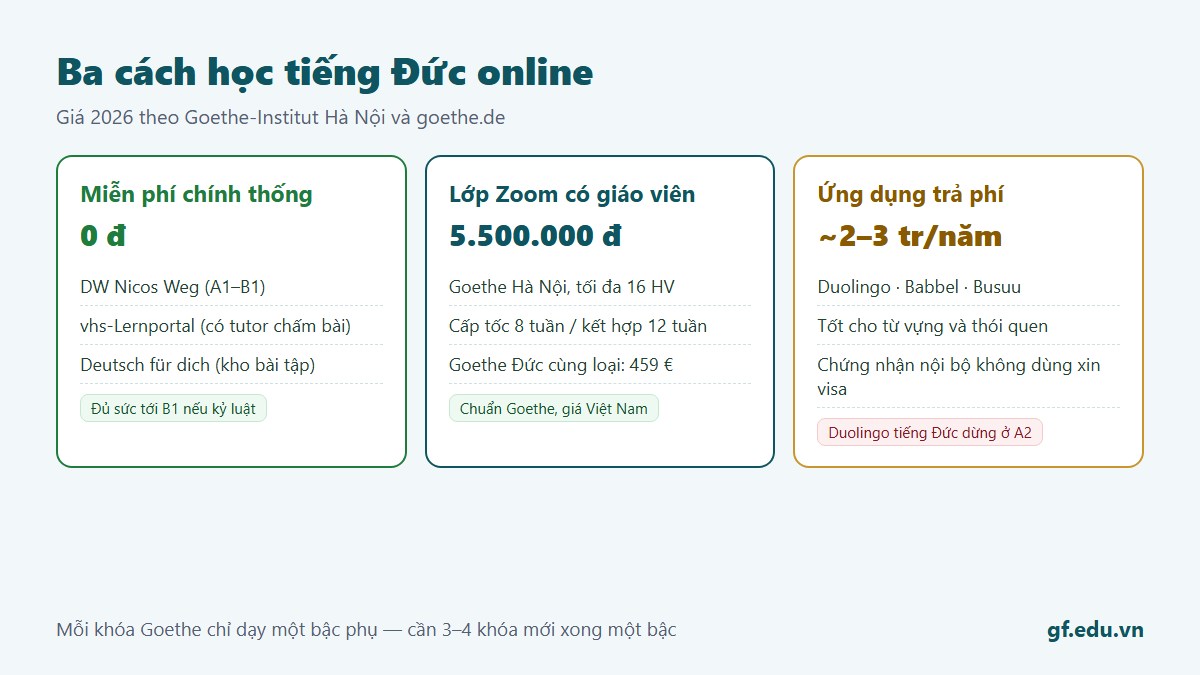 So sánh các cách học tiếng Đức online: nền tảng miễn phí chính thống, lớp Zoom có giáo viên và ứng dụng trả phí