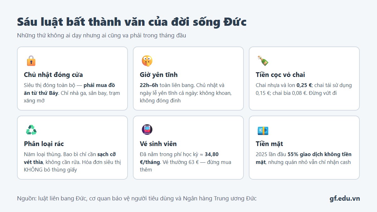 Những luật bất thành văn của đời sống Đức: chủ nhật đóng cửa, giờ yên tĩnh, tiền cọc vỏ chai và phân loại rác