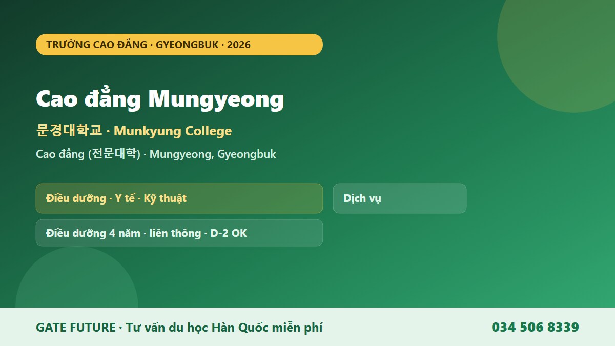 Cao đẳng Mungyeong Munkyung College 문경대학교 trường cao đẳng chuyên ngành điều dưỡng y tế chăm sóc kỹ thuật dịch vụ Top 3 tại Mungyeong Gyeongbuk Hàn Quốc 2026 - Gate Future