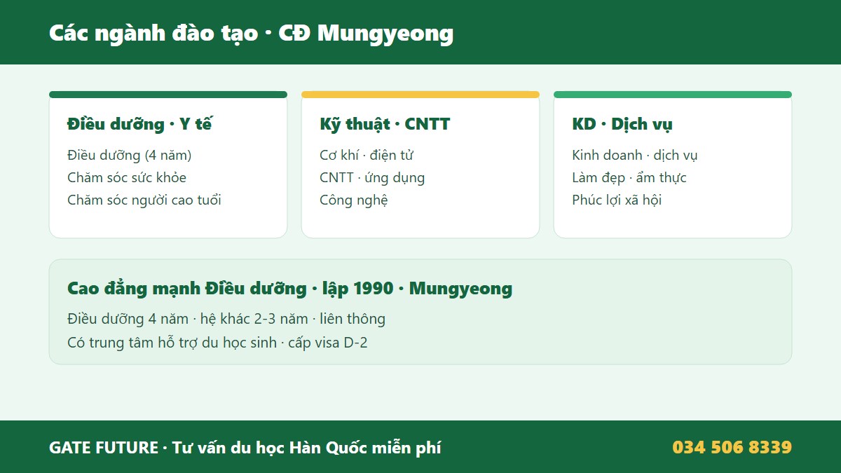 Các ngành đào tạo Cao đẳng Mungyeong điều dưỡng y tế chăm sóc kỹ thuật công nghệ kinh doanh dịch vụ làm đẹp phúc lợi xã hội Mungyeong Gyeongbuk Hàn Quốc - Gate Future