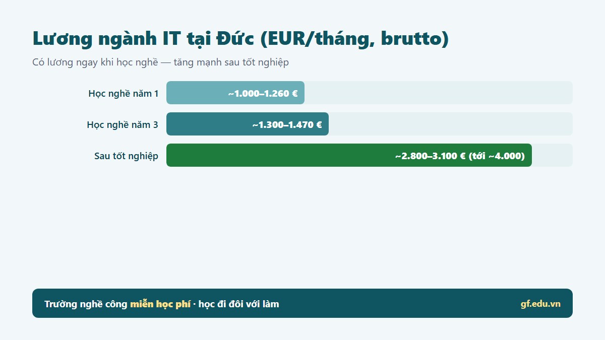 Lương ngành IT tại Đức, học nghề khoảng 1.000 đến 1.260 euro mỗi tháng, sau tốt nghiệp Fachinformatiker 2.800 đến 3.100 euro