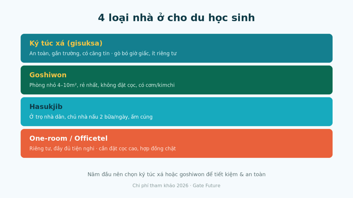 4 loại nhà ở cho du học sinh Hàn Quốc: ký túc xá, goshiwon, hasukjib, one-room