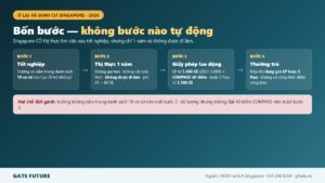 Sơ đồ bốn bước từ tốt nghiệp tới thường trú Singapore gồm thị thực một năm, Employment Pass hoặc S Pass và hồ sơ thường trú