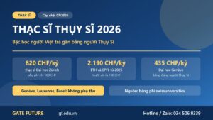 Ảnh bìa bài du học thạc sĩ Thụy Sĩ 2026 với ba mức học phí một học kỳ: 820 CHF tại Đại học Zürich, 2.190 CHF tại ETH và EPFL, 435 CHF tại Đại học Genève
