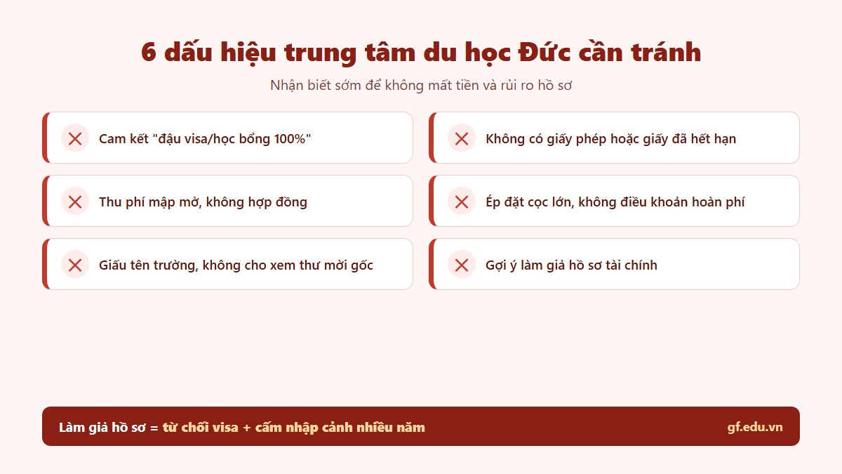 Sáu dấu hiệu trung tâm du học Đức không uy tín cần tránh: cam kết đậu 100 phần trăm, không giấy phép, phí mập mờ, làm giả hồ sơ