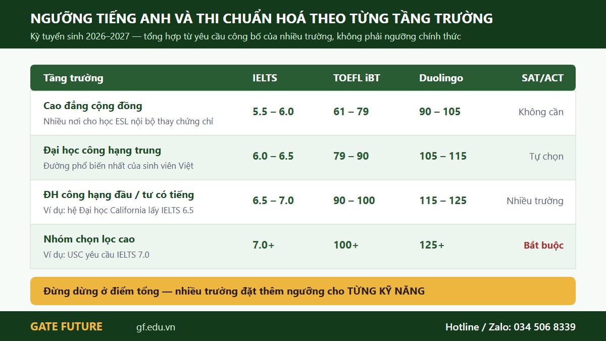 gf us dieukien 02 tienganh Ngưỡng IELTS, TOEFL, Duolingo và SAT theo từng tầng trường tại Mỹ năm 2026