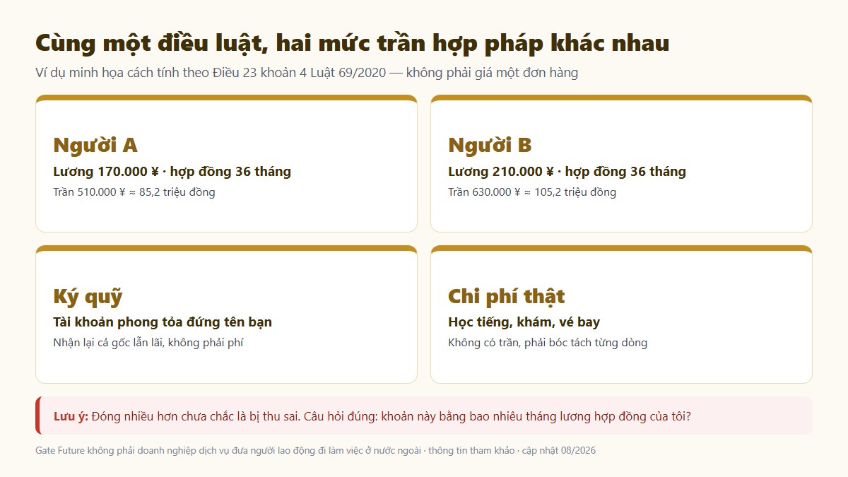 gf chi phi xkld nhat ban 02 hai muc tran Cùng một điều luật, hai mức trần hợp pháp khác nhau — ví dụ minh họa cách tính theo Điều 23 khoản 4 Luật 69/2020