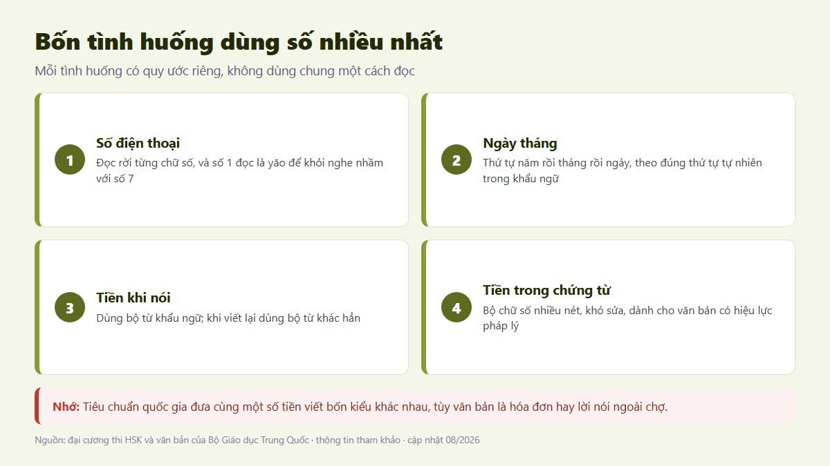 Sơ đồ bốn tình huống dùng số nhiều nhất gồm số điện thoại, ngày tháng và tiền