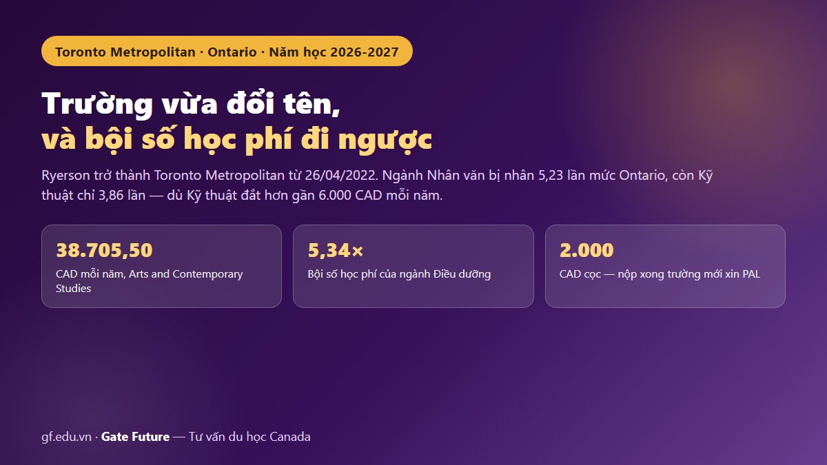 Đại học Toronto Metropolitan 2026-2027 — bốn ngành với bốn bội số học phí khác nhau so với mức Ontario