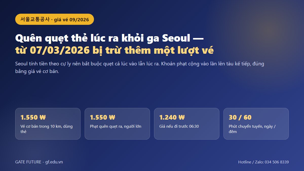 Đồ hoạ tàu điện ngầm Seoul: vé cơ bản 1.550 ₩, phạt quên quẹt thẻ ra từ 07/03/2026